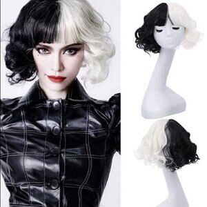 3/$30 Half Black White Wig with Bangs Short Curly Wavy Wig Black White Hair Wigs